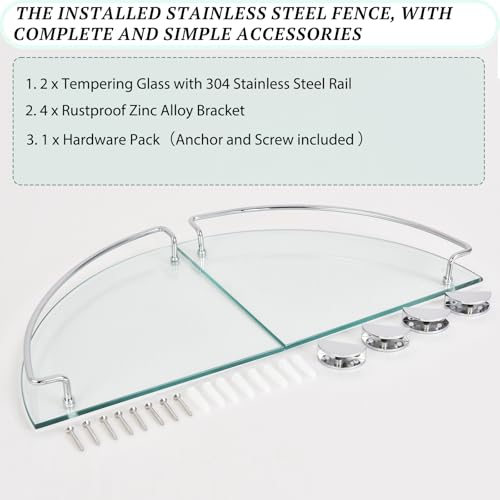 2 Ties Glass Corner Shelf with SUS 304 Stainless Steel Rail Chrome Finished, Esquinero para baños, Rustproof Tempered Glass Shelf, Shower Caddy Organizer 9.8" x 9.8" - size: 2 PACK With Rail