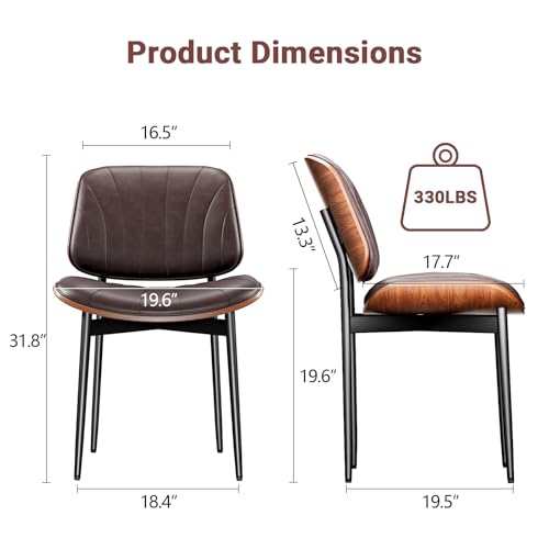 YaFiti Mid Century Dining Chairs Set of 2 with Walnut Bentwood, Brown | Ergonomic Walnut Backrest, Upholstered Waterproof PU Leather Seat, Stable Metal Legs, Adjustable Footpads, Apartment Friendly - color: Brown Scallop