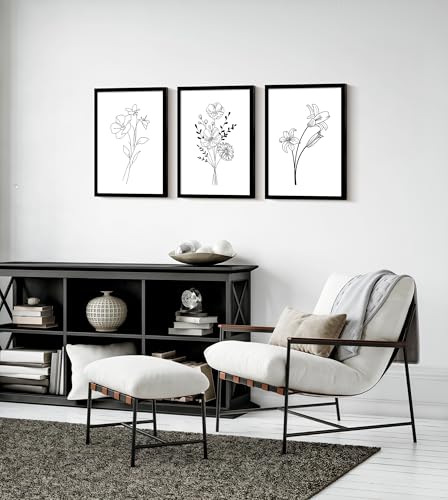 Framed canvas black and white floral wall art three-piece set, decorative painting, simple plant poster, line drawing, flower print, painting decoration suitable for living room and bedroom, 12x16 inches. - color: 3-row flowers, size: 12x16in