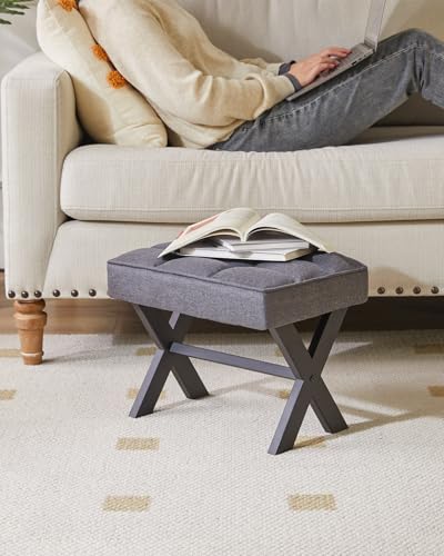 IBUYKE Small 12" H Footrest, Square Linen Step Stool, Dark Gray WBD011G | Foot Stool Metal X-Leg Multi-Use Small Side Table Living Room Bedroom Entryway Office - color: Dark Grey, size: 12.2"-Linen