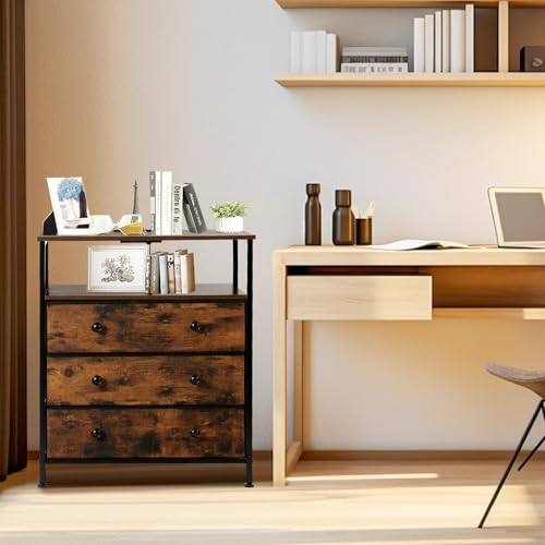 3-Drawer LED Nightstand with Charging Station, Rustic Brown | Engineered Wood and Steel, 2 AC and 2 USB ports, 24 Inch Wide, RGB App Control, Fabric Drawers, Open Storage Shelf - color: Rustic Brown