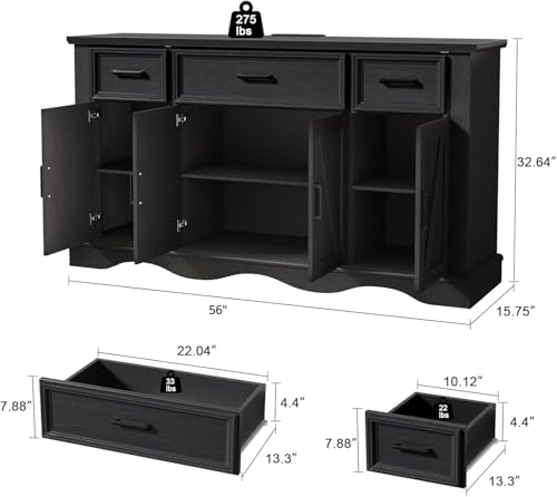 56" Black Modern Farmhouse Sideboard Buffet Cabinet with Charging Station | 4 Doors 3 Drawers, Adjustable Shelves & Soft Close Hinges, Coffee Bar Cabinet for Kitchen Living Room Entryway, Easy Assembly - color: Black, size: 3 drawers and 4 doors