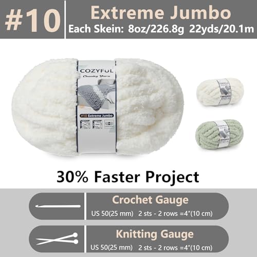 Cozyful Chunky Yarn for Hand Knitting - #10 Chunky Chenille Yarn, Jumbo Big Thick Chunky Yarns for Crocheting, Super Bulky Chunky Knit Blanket Yarns, 8 Skein (22yd, 8oz/Skein), Cream & Sage - color: Cream & Sage