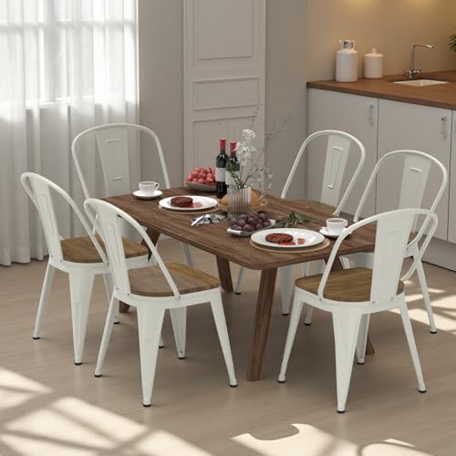 18 Inch White Dining Chairs Set of 4, Farmhouse Metal Chairs with High Back and Wooden Seat, Stackable Industrial Bar stools for Dining Room (White) - color: White