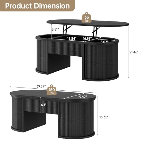 47.2" Oval Fluted Lift Top Coffee Table with Hidden Compartment, Black | Lifting Tabletop,Timeless Fluted Wood Aesthetic,Spacious Hidden Storage,Supporting up to 150 lbs - color: Black