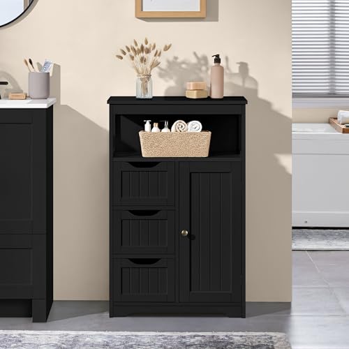 Yaheetech Small Freestanding Bathroom Storage Cabinet with 3 Drawers, Black | Slim Floor Cabinet Organizer for Bathroom, Living Room or Entryway, Beadboard Fronts, an Open Cubby, Adjustable MDF Shelf - color: Black, size: 12"D x 22"W x 34"H
