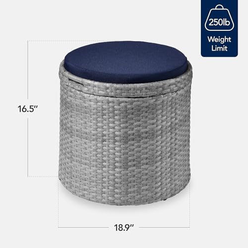 Best Choice Products Round Wicker Ottoman, Multipurpose Outdoor Furniture for Patio, Backyard, Additional Seating, Footrest, Side Table w/Storage, Removable Cushions – Gray/Navy - color: Gray/Navy