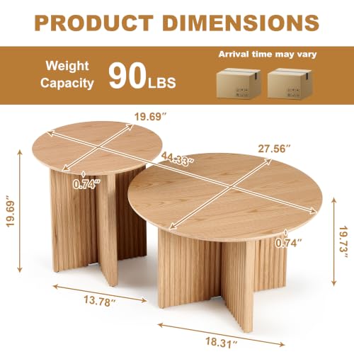 Fluted Round Nesting Coffee Table Set of 2, Mid Century Modern Wood Coffee Tables and End Table Set, Circle Side Table Minimalist Center Tables for Living Room, Office, Oak - color: Oak, size: Set of 2-Cross-leg Table