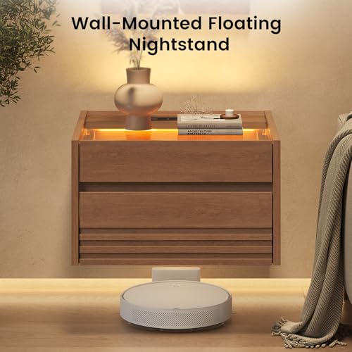 Floating Nightstand Set of 2with Charging Station and LED, Brown | Wall Mounted with Touch Control Light, Fluted Glass Drawer, Bedside Table for Small Spaces, Easy Assembly