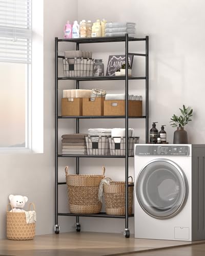 Sakugi 5-Tier Storage Shelves 33.1" x12.6" x73.5" Black with Wheels | Kitchen, Closet, Pantry, Garage, Heavy Duty, Adjustable Feet, Metal Construction - color: Black, size: 33.1W x 12.6D x 73.5H(5T)