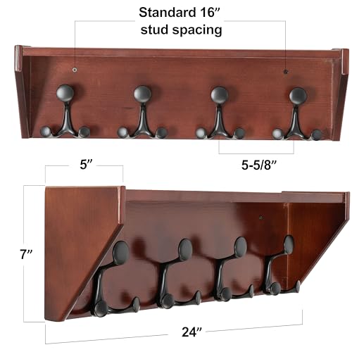 SKOLOO Wall Shelf with Hooks, 24-Inch Cherry Coat Rack Wall Mount with Shelf Organizer - Heavy Duty, 4 Tri Hooks - Perfect for Entryway, Hallway, Living Room, Bedroom, Mudroom - color: Cherry, size: 24 inch with 4 hooks