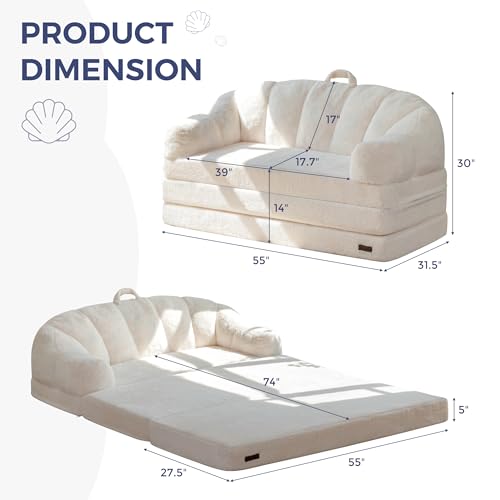 MAXYOYO Folding Sofa Bed, 2 in 1 Convertible Sofa to Lounger | Comfy Loveseat Bean Bag Chair for Adults, Floor Couch with Handle, Faux Fur Couch Bed for Living Room Bedroom, Beige - color: Beige, size: Loveseat