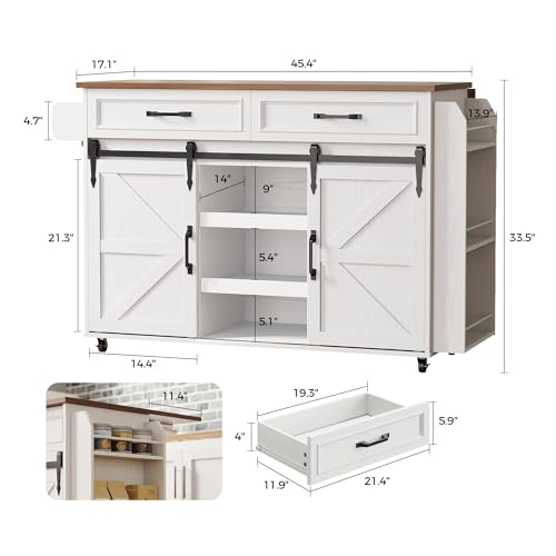 IRONCK Kitchen Island with Storage, Rolling Kitchen Island Cart with Drop Leaf Countertop and Pull-Out Shelf, Barn Doors, for Dining Room, Home Bar, White