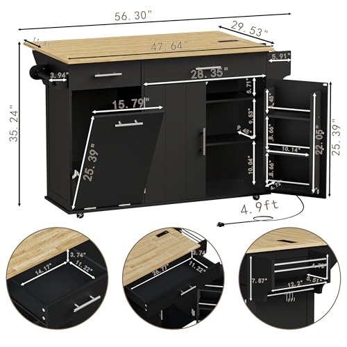 HQZX Rolling Kitchen Island with Trash Can Storage, Portable Kitchen Island Cart on Wheels with Drop Leaf & Power Outlet, Towel Rack & Spice Rack, Large Mobile Island Table for Kitchen, Black