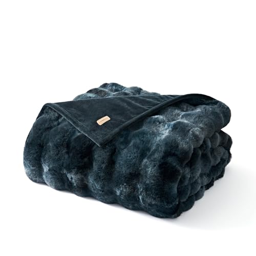 Faux Rabbit Fur Bubble Throw Blanket, 60"x80", Marble Deep Indigo | Ultra Soft, Luxury Faux Rabbit Fur Throw, Thick Warm Bubble Blanket, Cozy Fluffy Reversible, for Bed, Couch, Chair, Sofa - color: Deep Indigo Marble, size: 60"x80"
