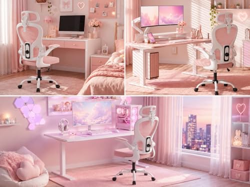 Ergonomic Office Chair with Adjustable Headrest & Lumbar Support, High Back Mesh Desk Chair, 330 LBS Capacity Swivel Computer Chair with Flip-Up Arms, Home Office Gaming Chair(Pink) - color: Pink