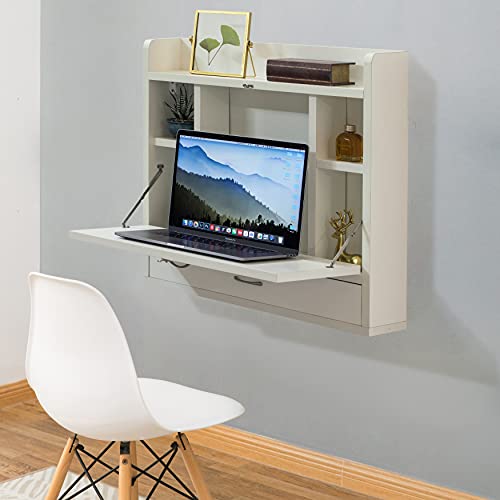 Wall Mounted Folding Desk with Storage Shelves - Floating Table with Drawers, Space Saving for Small Spaces, 23.75 x 6.75 x 23 in, White for Home Office, Bedroom, Study, Dorm Room - color: White