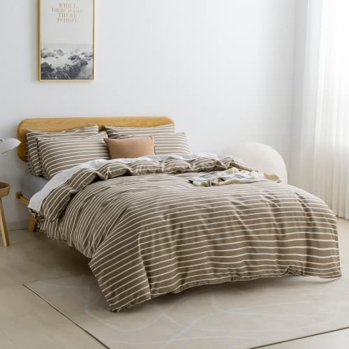JELLYMONI 100% Cotton Wide Striped Full Duvet Cover Set, Khaki | Classic Stripes, 8 Corner Ties & Double-Head Hidden Zipper, Breathable and Soft, For Guest Room - color: 1608, size: Full(80"×90")