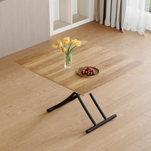 4 in 1 Adjustable Folding Dining Table, Drop Leaf Coffee Table for Small Spaces, Converts to Dining Table, Scratch-Resistant Wood Grain Top with Metal Frame for Breakfast Nook kitchen living Room - color: Wood-black