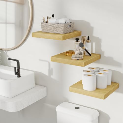 Fun Memories Floating Shelves for Wall, 12 Inch Set of 3 Rustic Wood Wall Shelves with Invisible Brackets, Heavy Duty Storage Display for Bathroom Bedroom Living Room Kitchen, Oak - color: Oak, size: 12"W x 12"D, Set of 3
