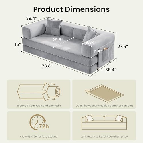 78.8" Convertible Futon Sofa Bed, Boneless Couch for Living Room | Corduroy Boneless Loveseat Sleeper Sofa, Modular Futon Couch with Storage Pocket, Pull Out Couch No Assembly | Grey - color: Grey