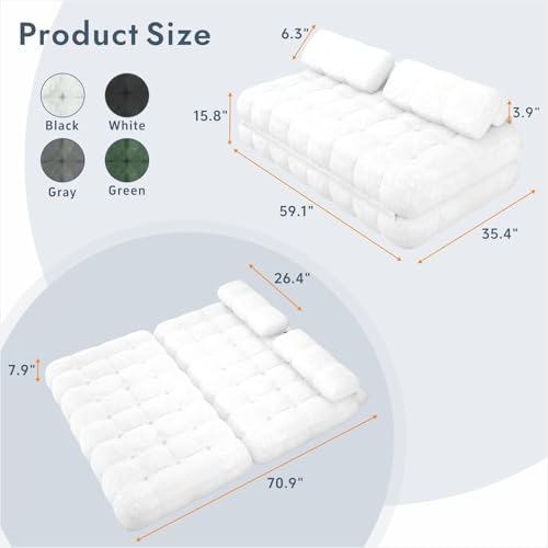 59.1" 3-in-1 Convertible Sofa Bed with Pillows - White, Full | Folding Loveseat Sleeper Chair, Portable Fold Out Boneless Couch Lounge, Comfy Velvet Floor Mattress for Living Room Bedroom - color: White, size: Full