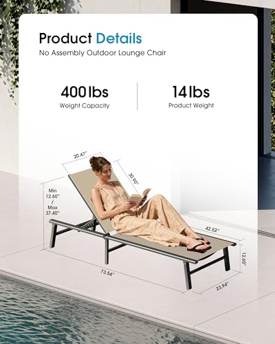 Foldable Outdoor Lounge Chair Set of 2, No Assembly Aluminum Chaise Lounge Outdoor with 5 Adjustable Positions, Pool Lounge Chairs with Portable Design for Pool, Deck, Beach, Patio (Khaki) - color: Khaki-upgraded, size: 2 Packs