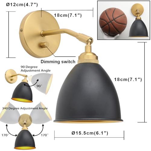Vintage Wall Sconce Bookcase Light, 2-Pack Dimmable On Off Switch Industrial Mount Metal Fixture Lighting with 6.1" Oval Black Metal Shade in-Build Gold and Antique Canopy Reading Lamp - color: Antique-Black