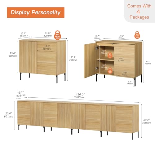 WAMPAT 4 in 1 Modern TV Stand TVs up to 120 inches, Fluted 126" W Entertainment Center with 8 Doors Storage and Adjustable Shelves, Wood Media TV Consoles Table with Storage for Living Room, Oak - color: Oak, size: 126" W