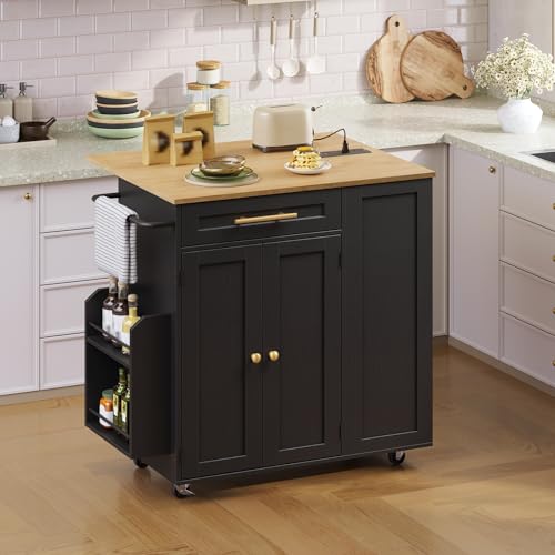 Kitchen Island with Storage, Rolling Kitchen Table with Drop Leaf, Charging Station, 3 Open Adjustable Shelf & Drawer, Towel Rack, Mobile Kitchen Cart for Dining Room, Black and Natural - color: Black + Natural