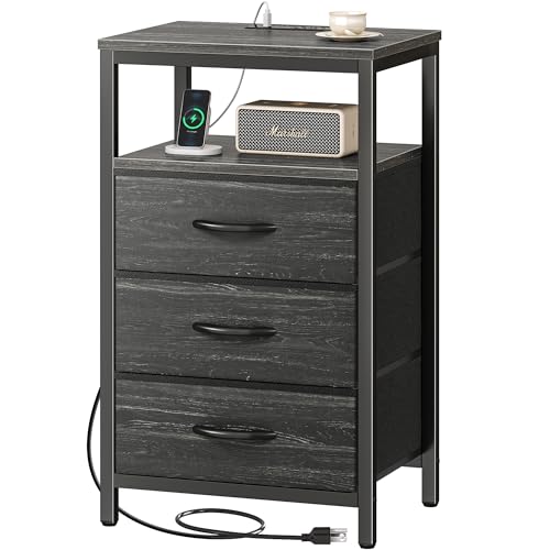 Huuger Nightstand with Charging Station, 27.6 Inch Bedside Table,Side Table | Night Stand with Fabric Drawers, End Table, Night Stand with Charger Station, Charcoal Black Wood Grain Print - color: Charcoal Black Wood Grain Print, size: 11.8"D x 15.7"W x 2