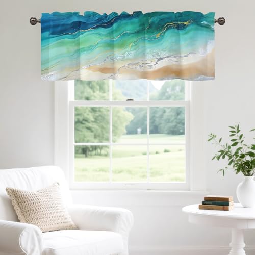 Marble Kitchen Valance Curtains, Sheer Rod Pocket Short Teal Blue 42x12 in | Valances for Windows in Kitchen, Bathroom, Laundry and Basement - color: Teal, size: 42"W x 12"L (Pack of 1)