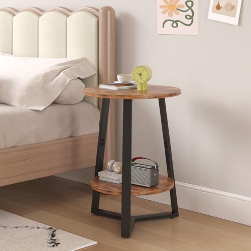 sthmec Small Round End Table, 2 Tier Side Table with Storage Shlef,Coffee Table Wooden Tabletop & Metal Frame,Round Accent Table Small Nightstands Couch Tables for Bedroom,Livingroom,Rustics Brown - color: Rustic Brown
