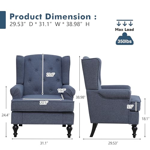 Accent Chair Set of 2, Mid Century Modern Fabric Wingback Chair, Upholstered Armchair with High Back and Vintage Legs, Comfy Single Sofa Side Reading Chair for Living Room Bedroom, Blue - color: Blue, size: Set of 2