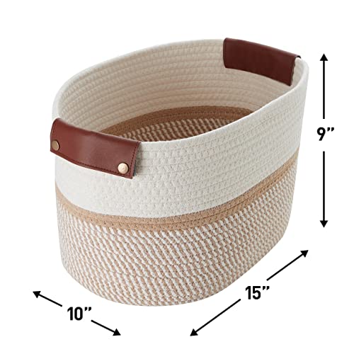 3 Pack Woven Cotton Rope Storage Basket, 15x10x9, White/Brown | Faux Leather Handles; Decorative Closet Shelf Organizer; Ideal for Storage & Organization - color: White/Brown