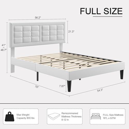 VECELO Full Size Bed Frame, Adjustable Upholstered Button Tufted Headboard, Heavy-Duty Bedframe with Wood Slats Support, No Box Spring Needed, Linen & White - color: Linen & White, size: Full, style: Bed Frame
