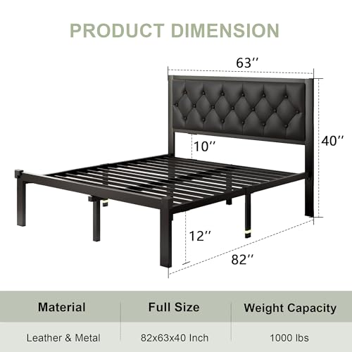 Feonase Queen Size Metal Bed Frame with Faux Leather Button Tufted Headboard, Heavy-Duty Platform Bed Frame with 12" Storage, Steel Slats Support, No Box Spring Needed, Noise Free, Matte Black - color: Matte Black, size: Queen