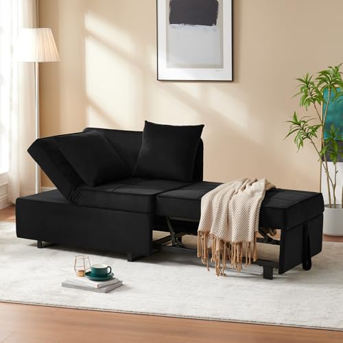 Convertible Sofa Bed 4-in-1 Pull Out Couch, Ottoman Bed Sleeper, Black | Velvet Love seat Couch Sleeper Chair Bed with USB Ports, 5 Adjustable Backrest and Pillow for Living Room Apartment Office - color: Black