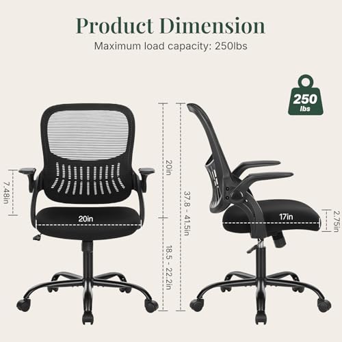 Home Office Desk Chair with Flip-up Armrest, Computer Chair | Lumbar Support, Height Adjustable, Mesh Mid-Back, Ergonomic Task Gaming Chair with 360° Swivel Wheels for Adults, Black - color: Black, size: 18.5D'' Flip-up Arm