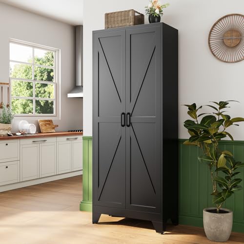 75" H Metal Storage Cabinet with 2 Doors and 4 Shelves,Tall Kitchen Pantry Cabinets,Farmhouse Utility Pantry Organizers for Cupboard/Dining/Bathroom/Home Office/Garage Room,Black - color: Black, size: 16โ D x 32โ W x 75โ H