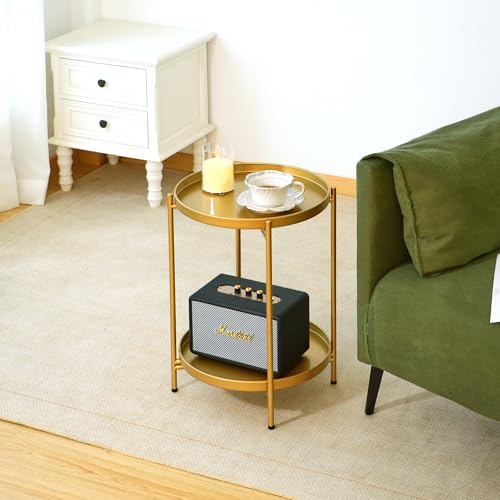2-Tier Round End Side Table, Set of 2, Small Metal Side Table with Removable Tray, Folding Accent Tables for Living Room, Balcony, Nightstand for Bedroom, Outdoor Tables for Patio, Gold - color: Gold 2pcs