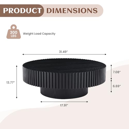 31.49" Round Coffee Table Wood, Modern Unique Circle Coffee Table, Contemporary Oak Drum Fluted Accent Side Table Center for Living Room, Small Space, Apartment, Black - color: Black, size: 31.49 inch