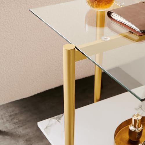 LumFurn Square Glass End Table, Mid-Century Modern Side Table for Living Room, L18xW18xH23inch, Clear Glass and White Marble MDF Wood, Gold Finish Frame - color: L18" Clear & White Marble