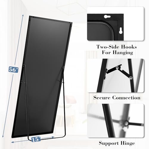 NEWBULIG Full Length Floor Mirror 56"x15", Body Standing Mirror | Wall Hanging or Leaning, Shatter-Proof Glass, Aluminum Alloy Frame with Stand, Home Decor Bedroom, Black - color: Black-rect, size: 56"L x 15"W