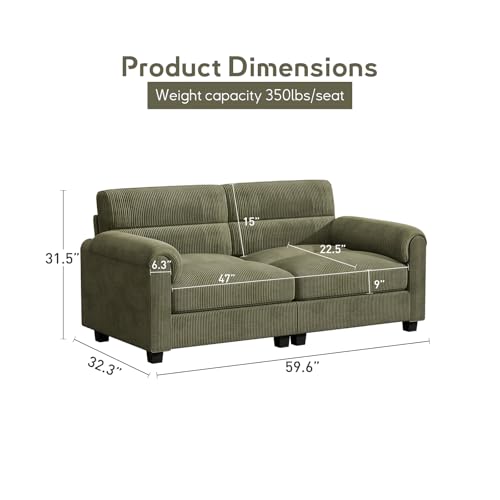 Bonzy Home Loveseat Sofa for Living Room, Comfy Corduroy Loveseat Couch with Overstuffed Cushion and Rolled Arms, Modern Small Couches for Bedroom, Small Spaces, Apartment, Office, Green - color: Green, size: 2-seater