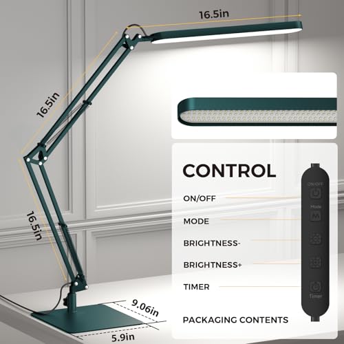 LED Desk Lamp with Slim Base - Adjustable Swing Arm Desk Light, Dimmable, Timer, Eye Protection, Memory Function, 1300LM, 12W, Green - style: Green swing arm with Base