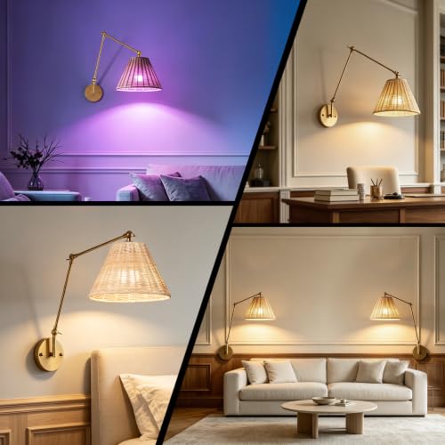 Rattan Battery Operated Wall Sconces Set of 2, Rechargeable Dimmable Wall Light with RGB Bulb and Remote, Adjustable Swing Arm Wall Light, Wireless Gold Bedside Light Fixture for Bedroom, Living Room - color: Gold