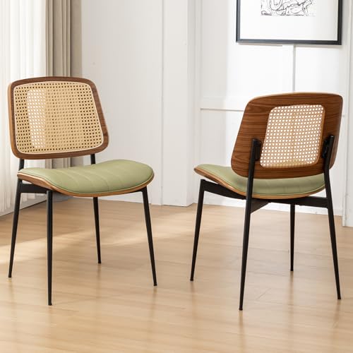Rattan Dining Chairs Set of 4,Mid Century Green PU Leather Kitchen Chairs,Upholstered Seat Metal Legs Chairs with Adjustable Foot Pads,Walnut Armless Side Chairs - color: Green, size: Set of 4