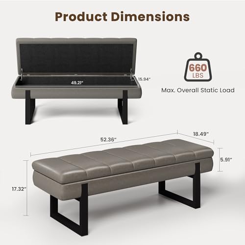 Storage Bench, Breakfast Nook Bench with Hidden Storage, Premium Faux Leather Cushion & Metal Base, 53 Inch Extra Seating for Dining Room/Living Room, Entryway - color: Grey