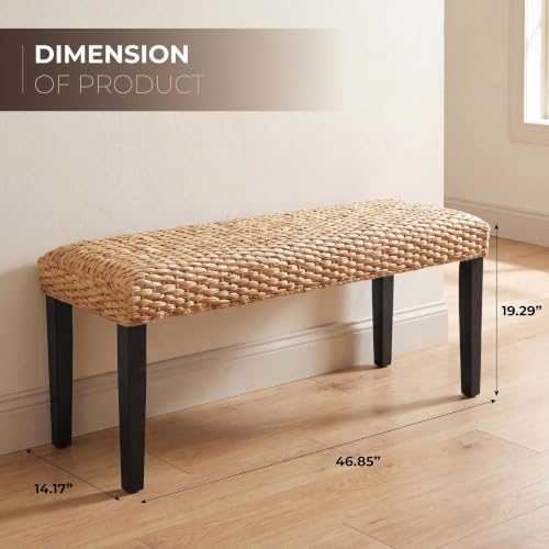 Solid Wood Acacia Indoor Bench, Water Hyacinth Seat, Black Leg, Plait Style | Natural Woven Seat, Boho Entryway, Farmhouse Modern Style, Multi-Room Use - color: Plait - Black Leg & Water Hyacinth